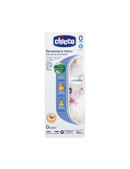 Chicco  Wellbeing Cam Biberon Kauçuk Emzikli 150 ml - Pembe