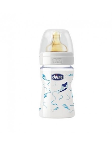 Chicco  Wellbeing Cam Biberon Kauçuk Emzikli 150 ml - Mavi