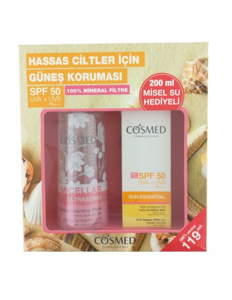 Cosmed Sun Essential SPF 50+ Çok Hassas Ciltler İçin Güneş Kremi 50 ml + Micellar Ultrasense Makyaj Temizleme Suyu 200 ml