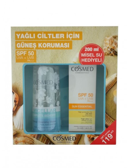 Cosmed Sun Essential SPF 50+ Yağlı Cilt İçin Güneş Kremi 50 ml + Complete Benefit Makyaj Temizleme Suyu 200 ml