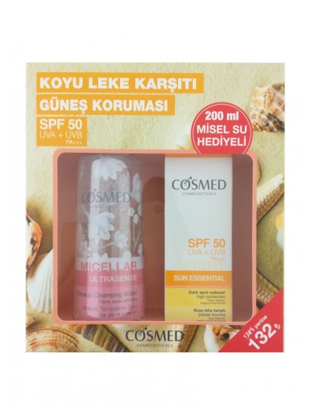 Cosmed Sun Essential SPF 50+ Koyu Leke Karşıtı Güneş Kremi 50 ml + Micellar Ultrasense Makyaj Temizleme Suyu 200 ml