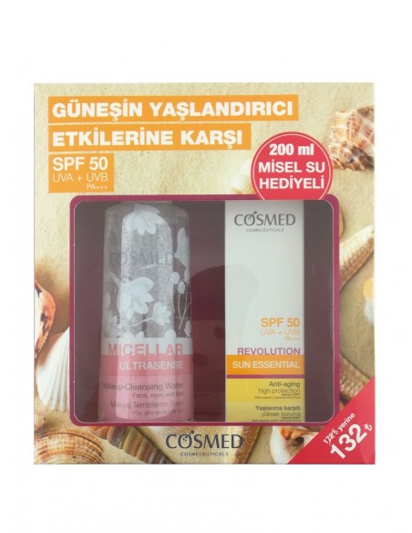 Cosmed Sun Essential SPF50+Revolutıon Yaşlanma Karşıtı Güneş Kremi 50 ML + Ultrasense Makyaj Temizleme Suyu 200 ml