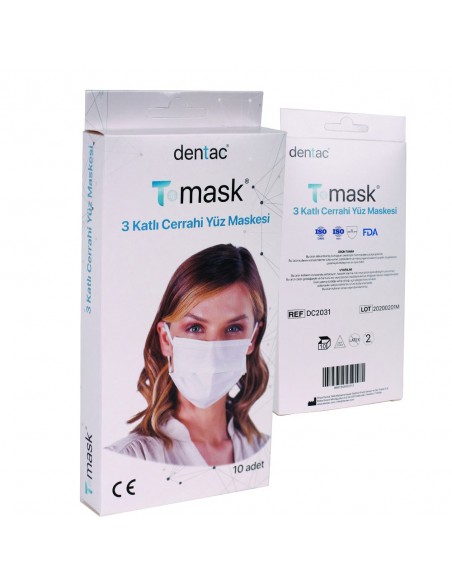 Dentac T-Mask 3 Katlı Cerrahi Yüz Maskesi Beyaz 10 Adet