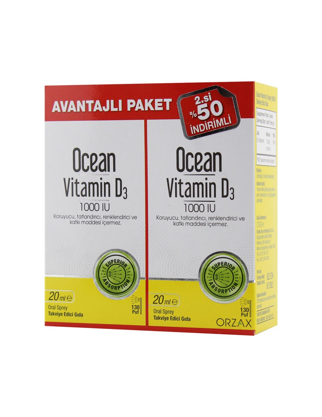 Ocean Vitamin D3 1000 IU 20 ml Sprey x 2 Adet Avantajlı Paket