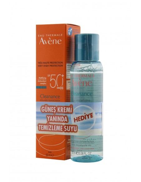 Avene Cleanance Solaire SPF 50+ ( Yağlı Ciltler İçin Güneş Kremi ) 50 ml + Avene Cleanance Cleansing Water 100 ml