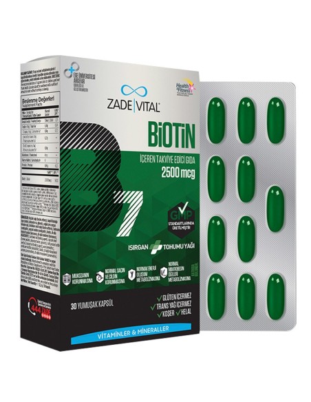 Zade Vital Biotin B7 Isırgan Tohum Yağı 30 Kapsül (S.K.T 10-2024)