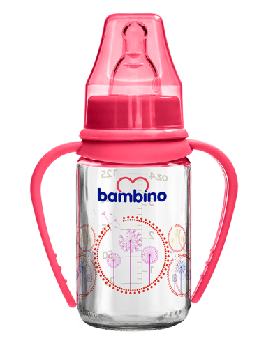 Bambino Silikon Kiraz Uçlu Kulplu Cam Biberon BE 015 125 ml Kırmızı