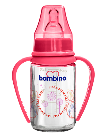 Bambino Silikon Kiraz Uçlu Kulplu Cam Biberon BE 015 125 ml Kırmızı