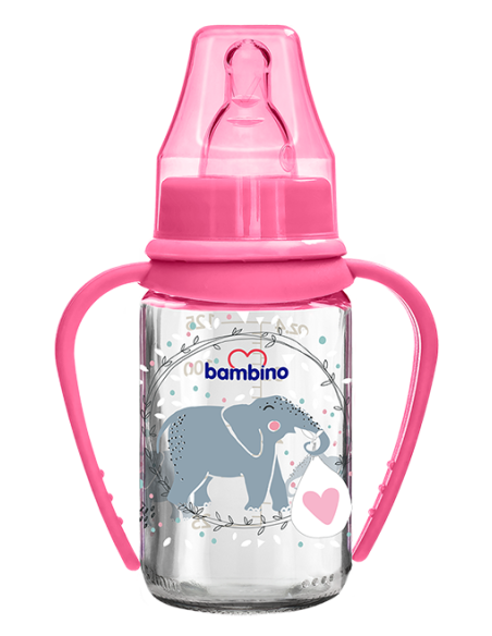 Bambino Silikon Kiraz Uçlu Kulplu Cam Biberon BE 015 125 ml Pembe