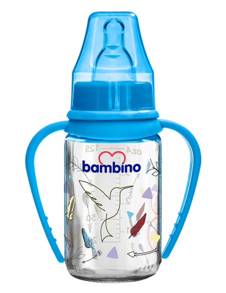 Bambino Silikon Kiraz Uçlu Kulplu Cam Biberon BE 015 125 ml Mavi