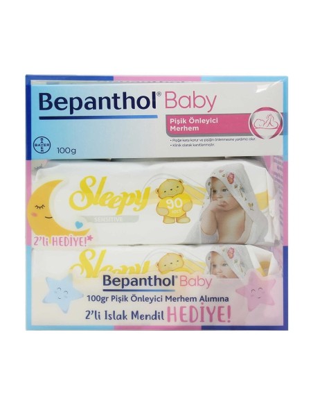 Bepanthol Baby Pişik Önleyici Merhem 100 Gr + 2 Paket Sleepy Sensitive Islak Havlu 90'lı Hediye (S.K.T 06-2024) 