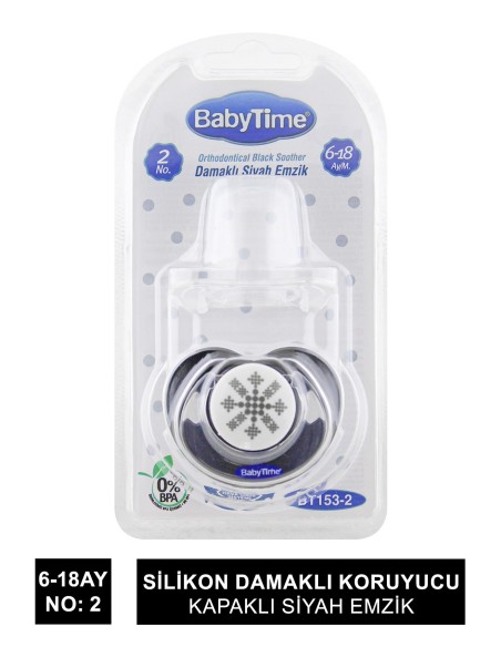 BabyTime Silikon Damaklı Koruyucu Kapaklı Siyah Emzik 6-18 ( BT153-2 ) 