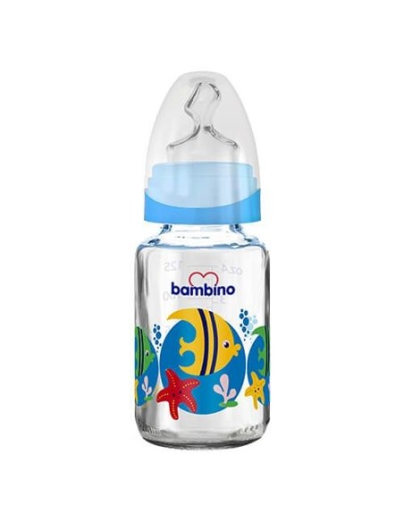 Bambino Klasik Cam Biberon Damaklı 0-6 Ay 125 ml ( B011 ) Mavi