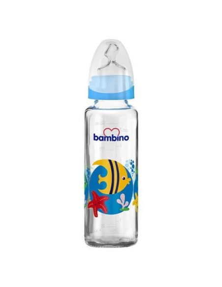 Bambino Klasik Cam Biberon Damaklı 0-6 Ay 225 ml ( B012 ) Mavi