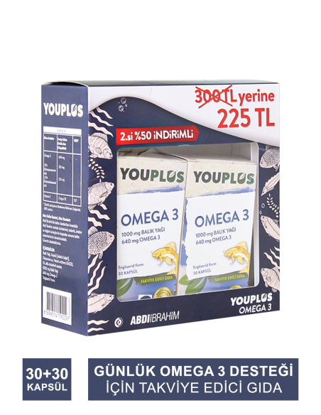 Youplus Omega 3 ( 2.si %50 İndirimli ) 30+30 Kapsül (S.K.T 11-2024) 