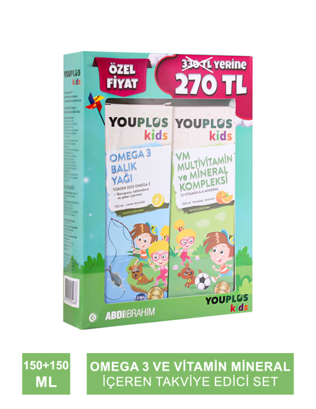 Youplus Kids Omega 3 Balık Yağı + Kids VM 150+150 ml Set (S.K.T 09-2024) 