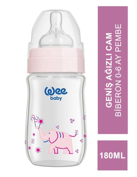 Wee Baby Klasik+ Geniş Ağızlı Cam Biberon 0-6 Ay ( Pembe ) 180 ml (No:140) 