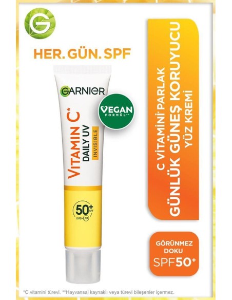 Garnier C Vitamini Parlak Günlük Güneş Koruyucu Fluid Yüz Kremi ( Görünmez Doku ) Spf50+ 40 ml 