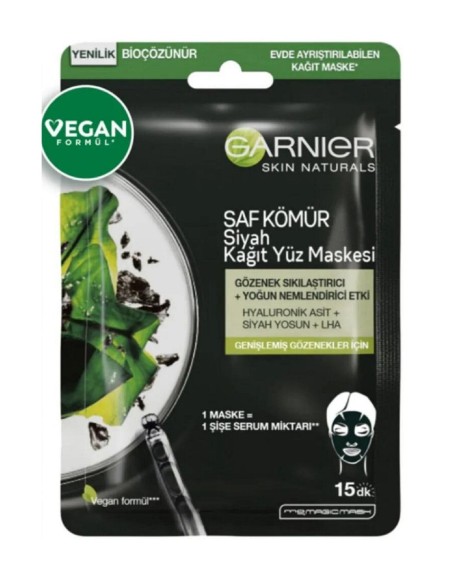 Garnier Saf Kömür Siyah Kağıt Yüz Maskesi Gözenek Sıkılaştırıcı + Yoğun Nemlendirici Etki 28 gr 