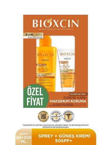 Bioxcin Sun Care Spf 50 Yüz Güneş Kremi 50 ml + Vücut Güneş Spreyi 200 ml - Kuru/Normal Cilt 