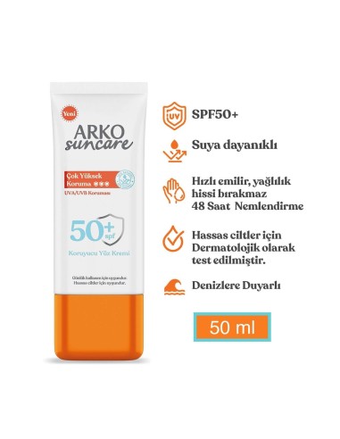 Arko Suncare Spf50 Çok Yüksek Korumalı Yüz Güneş Kremi 50 ml 