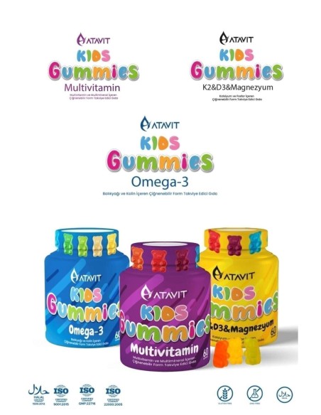 Atavit Kids Omega 3, D3 K2 , Magnezyum Multivitamin Süper 3'lü Gummies 180 Yumuşak Kapsül 