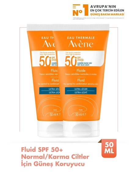 Avene Fluide SPF 50+ Normal/ Karma Ciltler için Güneş Koruyucu 50 ml - 2 Adet 