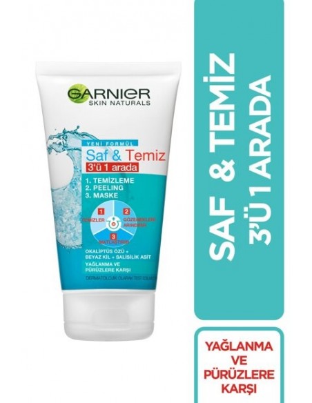 Garnier Saf ve Temiz 3'ü 1 Arada Temizleme - Peeling - Maske 150 ml