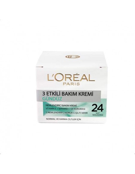 Loreal 3 Etkili Günlük Bakım Kremi 50 ml. Normal ve Karma Cilt Tipleri İçin