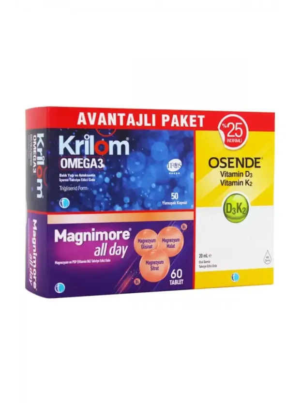 Tab İlaç Krilom Omega 3 50 Kapsül + Magnimore All Day 60 Tablet + Osende D3K2 20ml Damla ; Avantajlı Paket