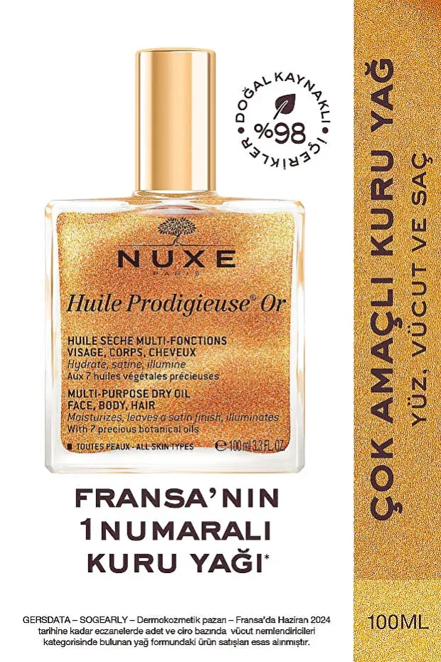 Nuxe Huile Prodigieuse OR Altın Parıltılı Yüz Vücut Saçlar İçin Çok Amaçlı Kuru Yağ 100 ml