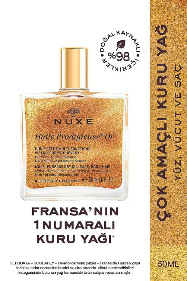 Nuxe Huile Prodigieuse OR Altın Parıltılı Yüz Vücut Saçlar İçin Çok Amaçlı Kuru Yağ 50 ml