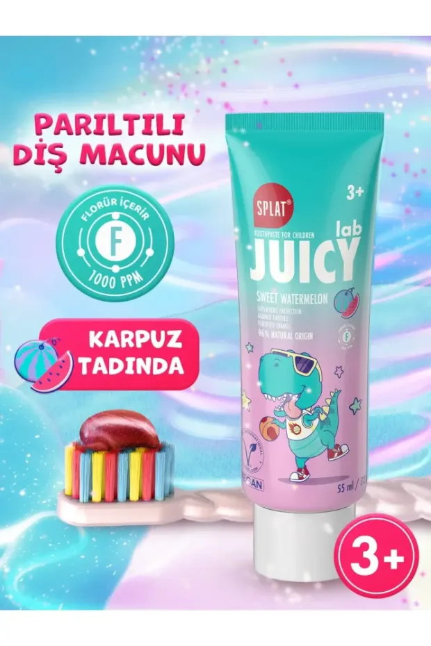 Splat Juicy Lab +3 Yaş Karpuzlu Çocuk Diş Macunu 55ml Renkli Simli Çürük Önleyici Doğal Macun