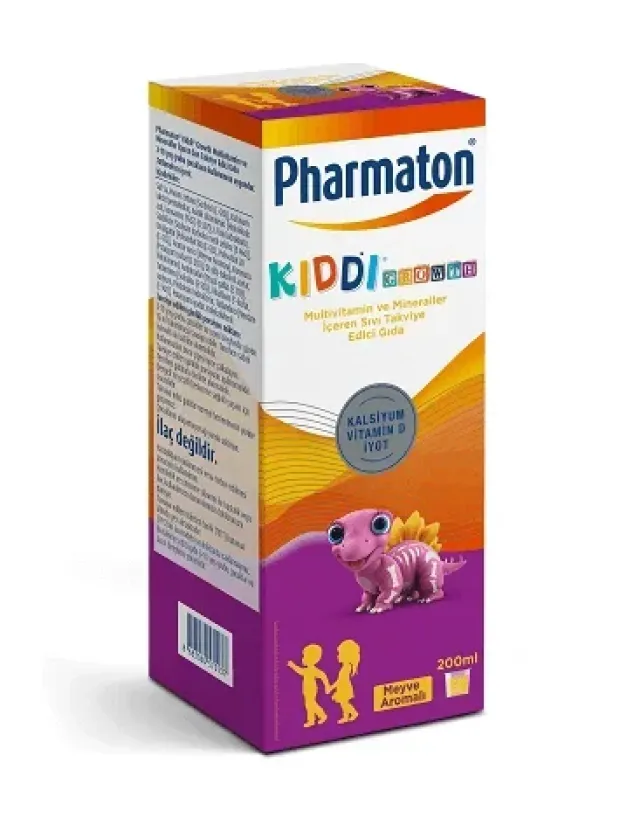 Pharmaton Kiddi Growth Kalsiyum Vitamin D İyot İçeren Takviye Edici Gıda Meyve Aromalı Şurup 200 ml