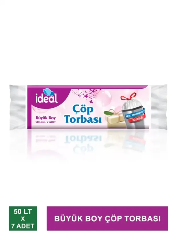 İdeal Büyük Boy Çöp Torbası / Büzgülü ve Beyaz Sabun Kokulu 7 Adet - 65x70 cm-