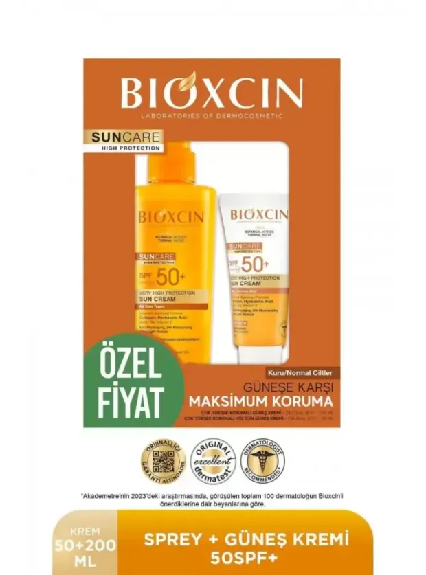 Bioxcin Sun Care Spf 50 Yüz Güneş Kremi 50 ml + Vücut Güneş Spreyi 200 ml - Kuru/Normal Cilt
