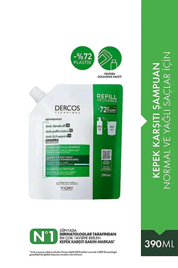 Vichy Dercos Anti Dandruff Normal ve Yağlı Saçlar İçin Kepek Karşıtı Şampuan Refill 390 ml