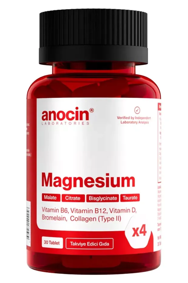 Anocin Magnezyum X4 Complex CitrateTaurate Bisglycinate Malate Bromelain Hyaluronik Asit D+ B12 + B6 30 Tablet