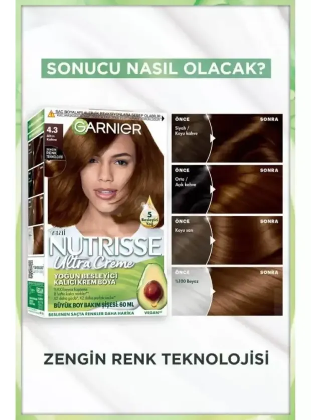 Garnier Nutrisse Yoğun Besleyici Kalıcı Krem Saç Boyası 4.3 Altın Kahve
