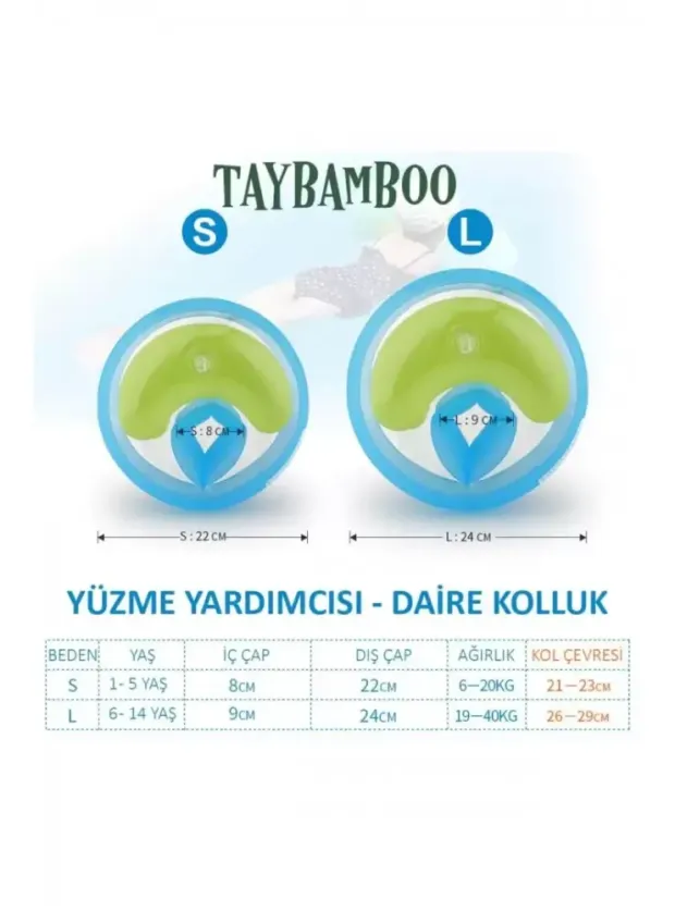 Taybamboo Classıcs Yuvarlak Üç Hava Odalı Yüzme Yardımcısı Kolluk - Yeşil - Large (6-14 Yaş 19-40kg)